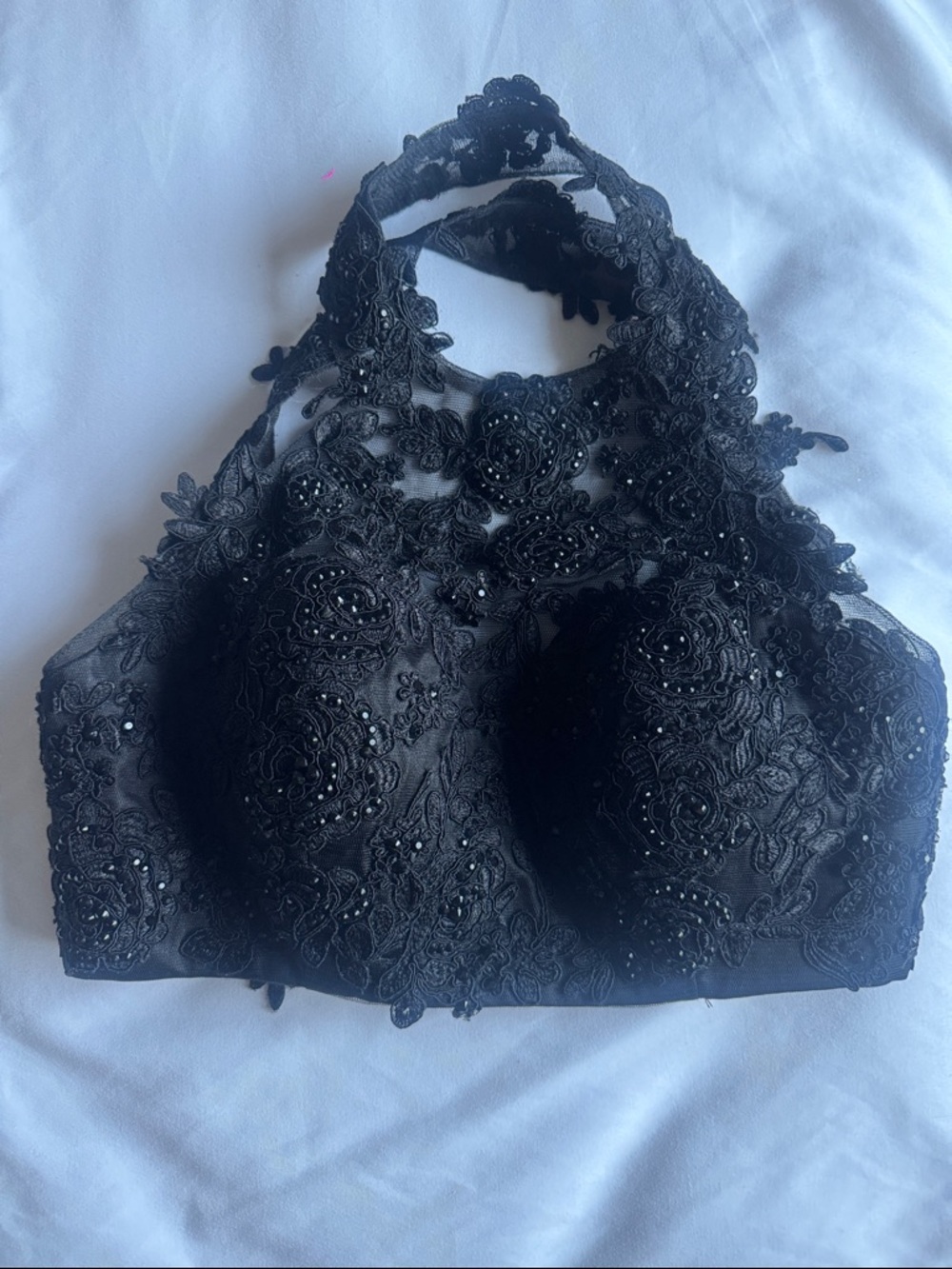 Eureka Beaded Vintage Elegant Black Lace Halter Bralette